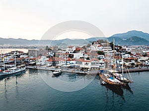 Marmaris Turkey - 26.10.2019: Marina in Marmaris, aerial shoot