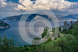 Marmaris, Turkey. Island, sea and cloudy sky landscape. Amos Ancient City, City Walls from Kumlubuk. Lycian way