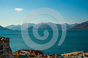 MARMARIS, TURKEY: Top view from the Marmaris Fortress on the landscape on the snow-capped mountains in winter.