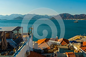 MARMARIS, TURKEY: Top view from the Marmaris Fortress on the landscape on the snow-capped mountains in winter.