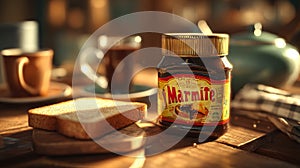 Marmite and toast on a cozy wooden breakfast table