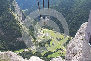 Marmolada cable car. Aerial view on the valley station of Malga Ciapela, Rocca Pietore, Dolomites, province of Belluno, Veneto,