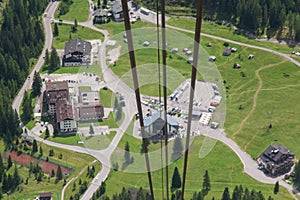 Marmolada cable car. Aerial view on the valley station of Malga Ciapela, Rocca Pietore, Dolomites, province of Belluno, Veneto,