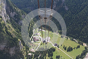 Marmolada cable car. Aerial view on the valley station of Malga Ciapela, Rocca Pietore, Dolomites, province of Belluno, Veneto,