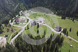 Marmolada cable car. Aerial view on the valley station of Malga Ciapela, Rocca Pietore, Dolomites, province of Belluno, Veneto,