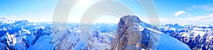 Marmolada glacier panorama in Italy - winter scenery mountains covered in snÃ³w in blue sky day