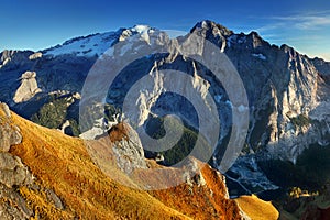 Marmolada mountain ridge. Region Trentino Alto Adige, South Tyrol, Veneto, Italy. Dolomite Alps, famous travel destination, Europe