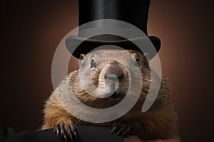 Marmot in black bowler hat. Weather forecaster. AI generated