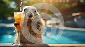marmot with a cocktail on the background of the pool
