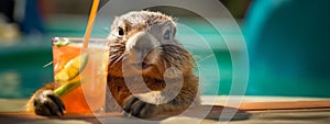 marmot with a cocktail on the background of the pool