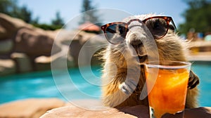 marmot with a cocktail on the background of the pool