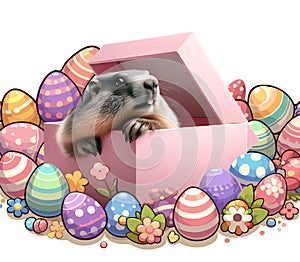 marmot peeking out of a box among easter eggs