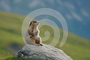 A marmot sitting on a stone in summer Generative AI