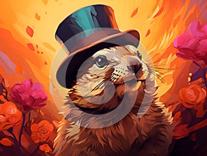 Marmot in top hat, groundhog day