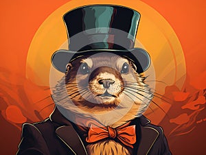 Marmot in top hat and tie, groundhog day