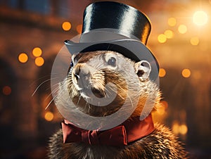 Marmot in top hat and tie, groundhog day celebration