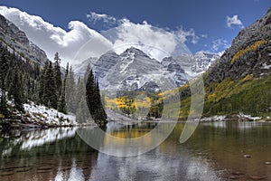 Maroon Bells in Autumn after a Snow