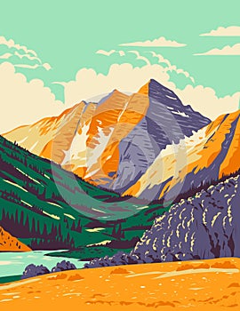 Maroon Bells in the Elk Mountains Maroon Peak and North Maroon Peak in Colorado WPA Poster Art