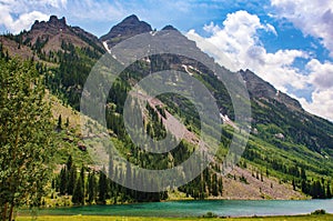 Maroon Bells Lake and Mountain Range in the summer