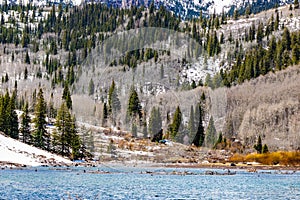 Maroon Bells lake in Spring scenic destination in Colorado