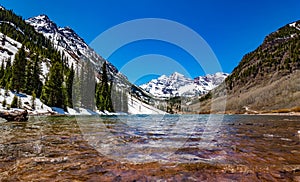 Maroon Bells lake in Spring scenic destination in Colorado