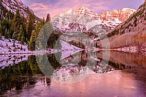 Maroon Bells and Maroon Lake at sunrise