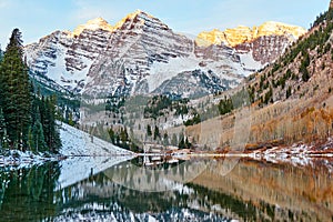 Maroon Bells and Maroon Lake at sunrise