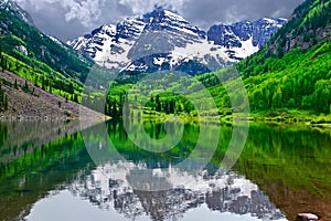 Maroon Bells reflection in lake in Colorado.