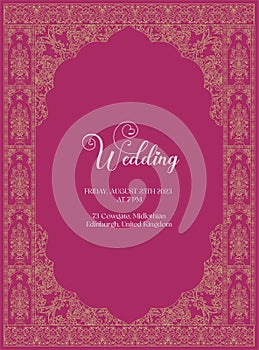 Maroon color Wedding invitation card template. Wedding card design with maroon color vibe and foil vector illustration.