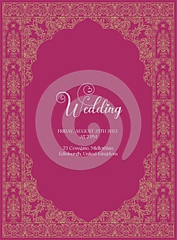 Maroon color Wedding invitation card template. Wedding card design with maroon color vibe and foil vector illustration. photo