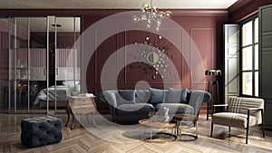 Maroon iving room interior designed in the style of modern classic.