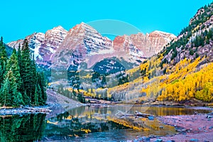 Maroon Lake in Apsen, Colorado during sunrise photo