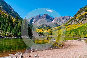Maroon Lake in Aspen Colorado with Maroon Bells Mountains