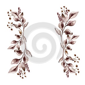 Maroon leaves and wild flowers in watercolor. Border of branches in sepia color isolated. Watercolor monochrome plants