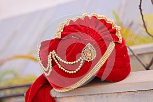 Maroon Rajasthani Tuban for Groom Indian Safa in White Background