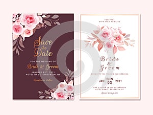 Maroon wedding invitation template set with romantic floral border and bouquet. Roses and sakura flowers composition vector for