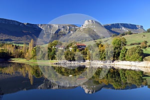 MaroÃ±o water reservoir and mountains of Sierra Salvada. Alava. Basque Country. Spain