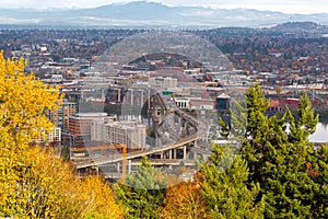 Marquam Bridge over Willamette River Fall Scene Portland OR USA