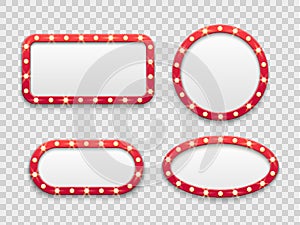 Marquee light frames. Vintage round and rectangular cinema and casino empty red signs with bulbs. Vector isolated set