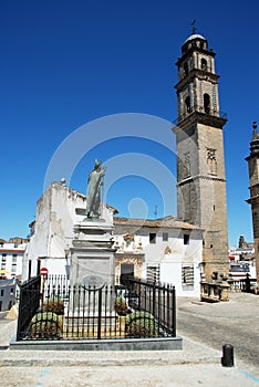 Marques de Bertemati palace and statue of Juan Pablo II, Jerez de la Frontera, Spain.