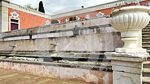 Marques de Pombal Palace, garden side fountain with marble carved vase, Oeiras, Lisbon, Portugal