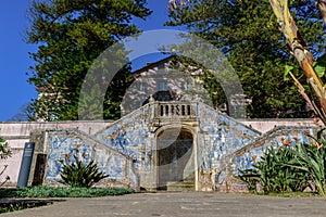 Marquis of Pombal Palace, Oeiras - March 10, 2019 - Fountain of Embrechados, decoration and tiles in the garden