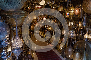 Marrakech - market stall with lamps in Medina old city. Meat. Marocco, January 2019