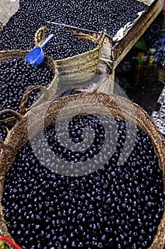 Marrakech, Morocco, 01/12/2020 market stall selling black olives