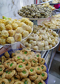 Marrakech, Morocco - 21 Feb, 2023: Fresh North African pastry on sale in the souk market, Marrakech