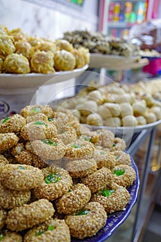 Marrakech, Morocco - 21 Feb, 2023: Fresh North African pastry on sale in the souk market, Marrakech