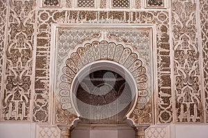 MARRAKECH, MOROCCO - APRIL 18, 2023 - Famous Madrassa Ben Youssef in the medina of Marrakech in Morocco