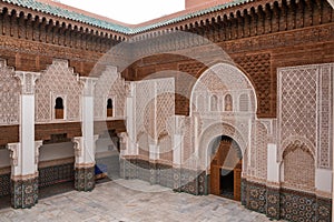 MARRAKECH, MOROCCO - APRIL 18, 2023 - Famous Madrassa Ben Youssef in the medina of Marrakech in Morocco
