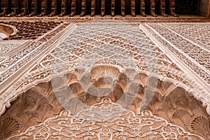 MARRAKECH, MOROCCO - APRIL 18, 2023 - Famous Madrassa Ben Youssef in the medina of Marrakech in Morocco