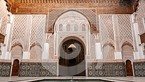 MARRAKECH, MOROCCO - APRIL 18, 2023 - Famous Madrassa Ben Youssef in the medina of Marrakech in Morocco